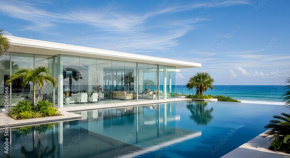 Fototapeta premium A stunning modern glass villa featuring an infinity pool overlooking the blue tropical ocean view
