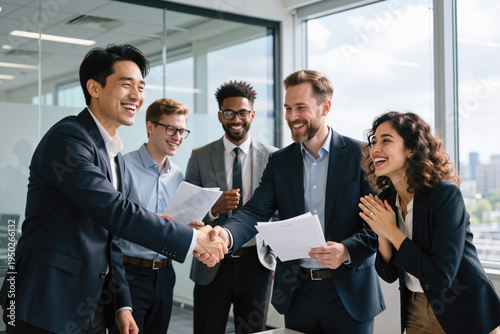 Group of professionals in modern office, celebrating a handshake, smiling and holding documents.