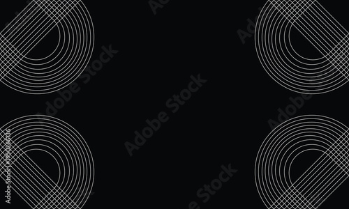 Abstract black background with geometric curved lines arranged in corner patterns; modern minimal design texture ideal for technology, wallpaper, and digital graphic backdrop.