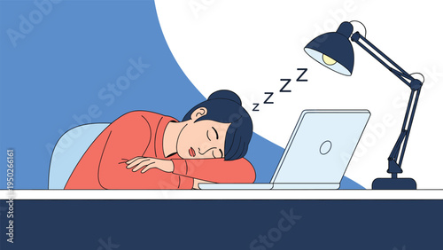 Exhausted young woman falls asleep at her office desk next to a laptop and desk lamp after working late hours on a professional project.