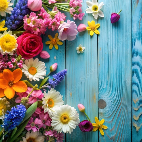 Garden flowers over blue wooden table background. Backdrop with copy space