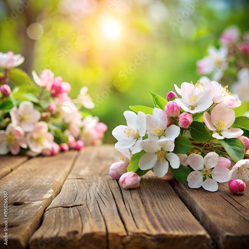 Spring blooming branches on wooden background. Apple blossoms