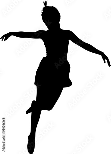 Elegant black silhouette of graceful ballerina in mid-air leap performing beautiful ballet jump with arms extended and tutu flowing vector illustration