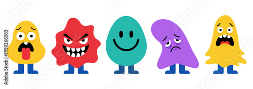 Five colorful blob characters expressing distinct emotions in a playful manner