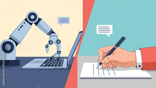 Comparative illustration depicts a robotic arm typing on a modern laptop keyboard next to a human hand writing on paper with a blue pen.
