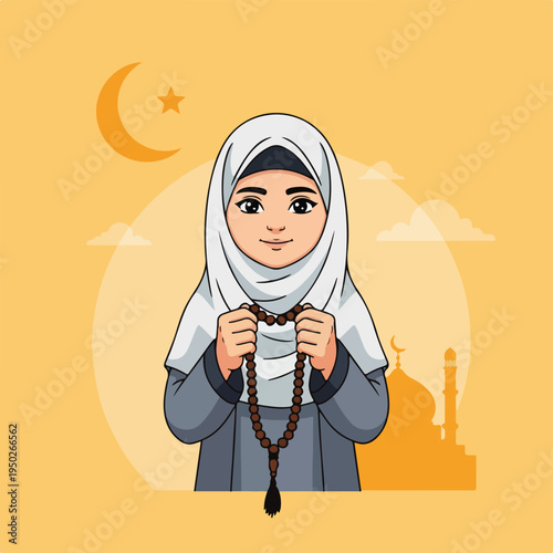 Muslim woman wearing hijab holding prayer beads smiling