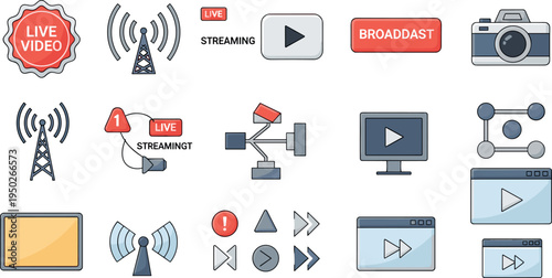 Live Streaming and Broadcasting Media Icon Set with Video Play and Signal Symbols