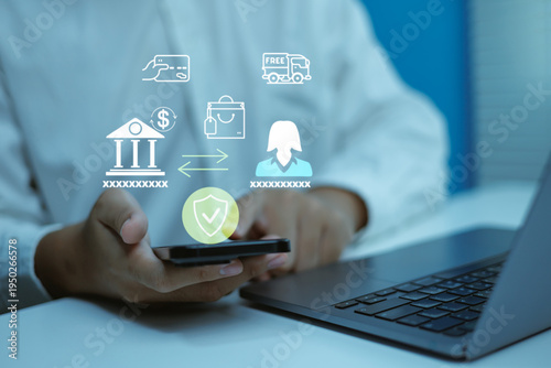 Εκτύπωση καμβά Secure digital payment and online banking,Man using mobile transaction e-commerc