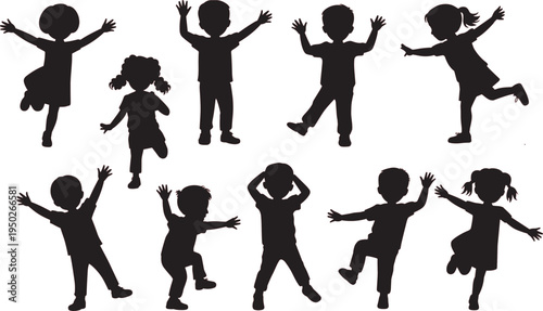Collection of joyful black silhouettes of happy children and kids jumping, playing, dancing with raised arms in energetic childhood fun poses vector illustration