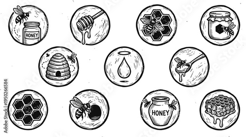 Linocut honey and beekeeping icon pack with bold hand-carved lines, rustic engraving texture, featuring bees, honey jars, honeycomb, dipper, hive, and dripping honey.

