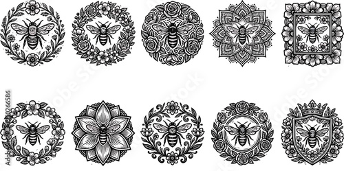 Linocut bee floral icon pack with decorative hand-carved textures, botanical engraving style, featuring bees inside flower circles, wreaths, mandalas, petals, blossoms, and ornaments.