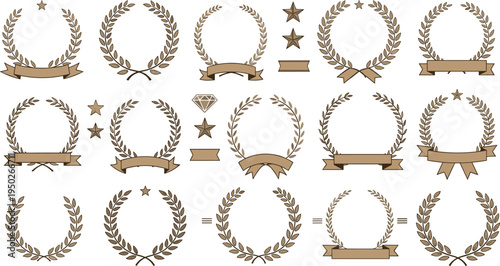 Golden Laurel Wreath Award Frame Collection with Ribbon Banner and Star Victory Symbols