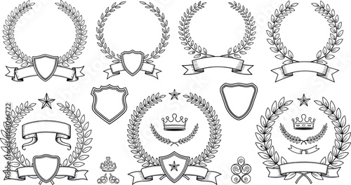 Vintage Laurel Wreath Badge and Ribbon Banner Line Icon Set with Heraldic Symbols