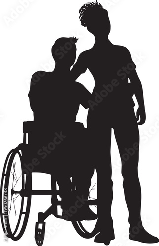 Wheelchair assistance silhouette illustration, caregiver supporting disabled person in wheelchair, disability support concept, healthcare aid, accessibility and compassion symbol isolated on white 