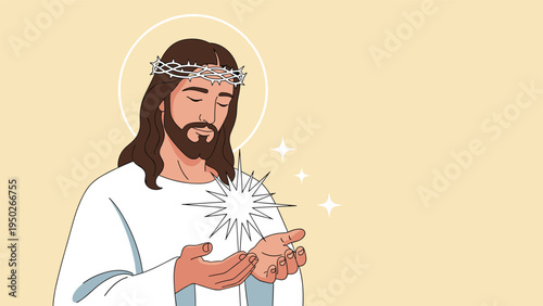 Peaceful and spiritual illustration of Jesus Christ wearing a crown of thorns while holding a bright shining star of divine light in his hands.