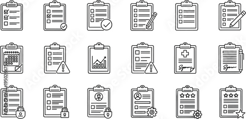 Clipboard Checklist and Document Management Line Icon Set with Business Task Symbols
