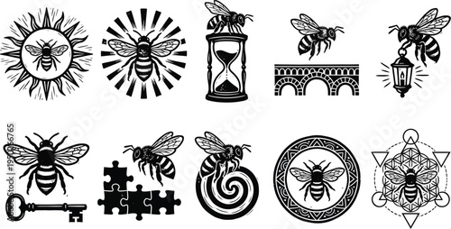 Linocut bee icon pack with symbolic hand-carved shapes, engraved textures, featuring bees inside sun, hourglass, bridge, lantern, key, spiral, and sacred geometry.
