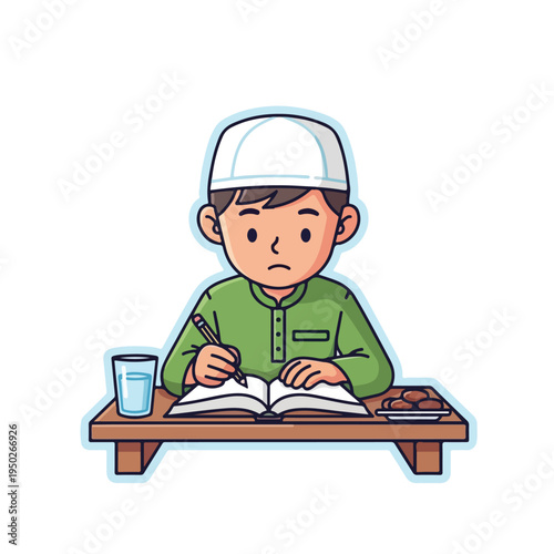 Young boy in green shirt and cap studying with a book and pencil