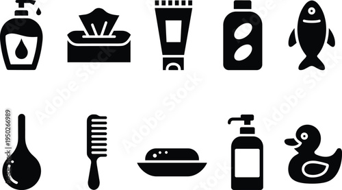 bathroom hygiene icons set, soap tissue cream bottle fish comb soap bar dispenser rubber duck grooming care symbols