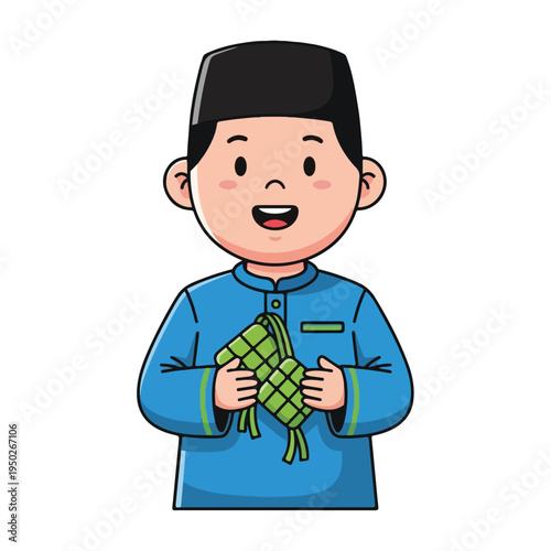 Happy young boy wearing traditional clothing holding ketupat