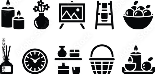 home decor lifestyle icons set, candle vase painting ladder fruit diffuser clock basket spa symbols, interior living illustration