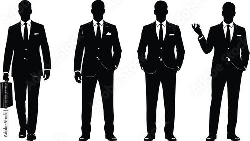 Businessmen silhouettes in suits with briefcase, standing, walking, posing, professional gestures, corporate posture illustration, black white style