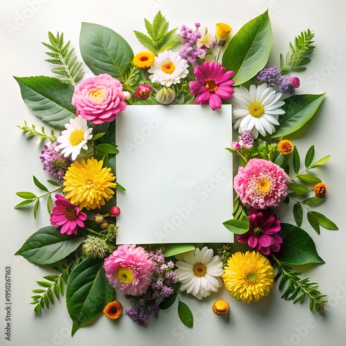 Creative layout made of flowers and leaves with paper card note. Flat lay. Nature concept