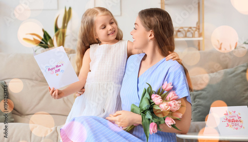 Cute little girl greeting her mom for Mother's Day with tulips and postcard in living room
