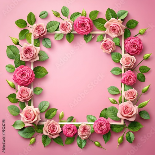 Banner with frame made of rose flowers and green leaves on a pink background. Springtime composition with copyspace.