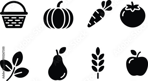Organic farm food icons set, harvest basket, pumpkin, carrot, tomato, pear, apple, wheat, leaves healthy agriculture vector