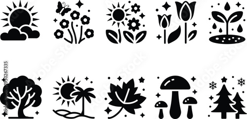 nature seasons icons set, sun flowers tree leaf mushroom rain snow symbols, seasonal environment silhouettes, botanical weather illustration collection