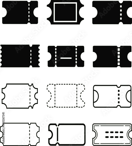 Ticket icon set collection, cinema and event admission coupon silhouettes and outlines for entertainment, concert, festival entry pass design and booking concept
