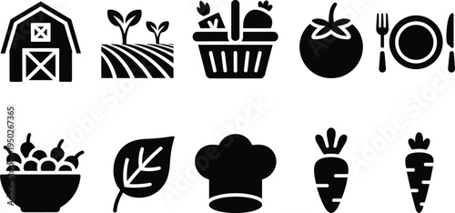 Organic, farming, fresh, food, agriculture, icons, set, including, barn, field, vegetables, basket, tomato, carrot, salad, leaf, chef, healthy, symbol, collection