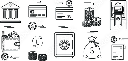 Banking and Cash Transaction Line Icon Set with ATM Wallet and Money Symbols