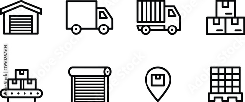 Modern logistics warehouse delivery truck shipping container package storage conveyor pallet location pin line icon set for supply chain industry