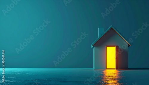 少し開いたドアから光が漏れる家のシンプルで柔らかな3D風イラスト