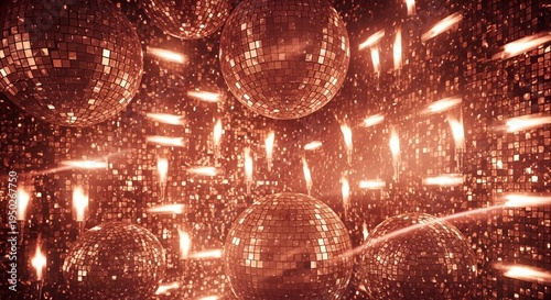 Disco balls reflecting light, party atmosphere, glittering, festive, abstract background
