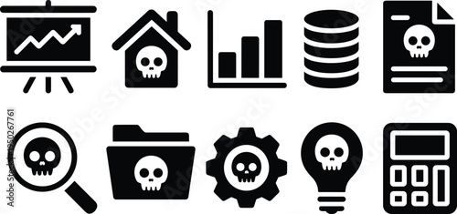 Malware cyber security icons set, virus attack warning skull symbol database risk hacking threat protection illustration