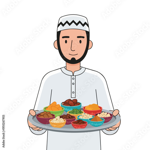 Man in traditional Middle Eastern attire offering a colorful platter of food