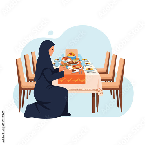 Woman in hijab praying at dining table with food