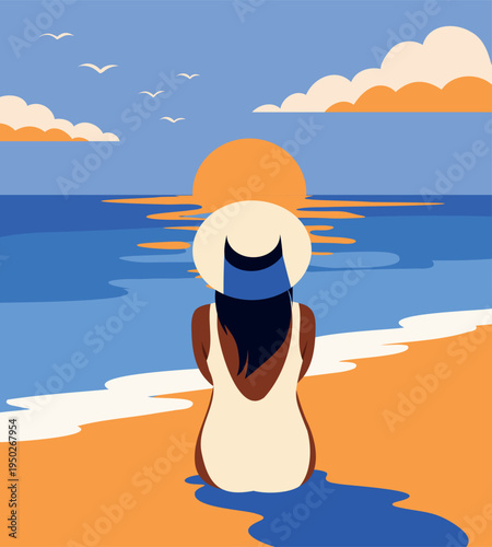 Summer vacation. Vector illustration. Woman in a white swimsuit, hat, viewed from behind, sunbathing on beach towel by sea, looking toward horizon. Perfect for summer themes, vacations, relaxation