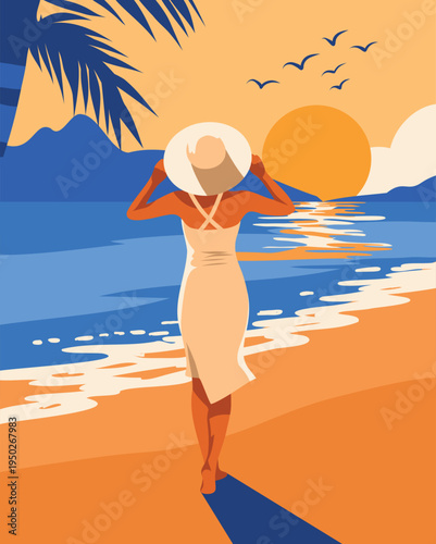Beach Walk. Vector illustration of a woman or girl on vacation strolling along the beach in hat. Sand, waves, sea. Ideal for projects related to travel, tourism, recreation, health, summer design