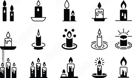 Candle icon collection isolated on white background, decorative burning wax light vector illustration set