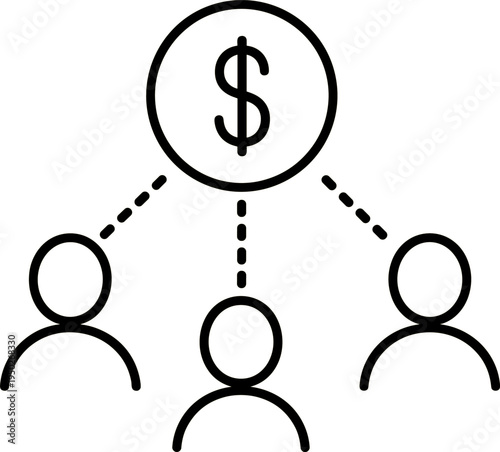 Money sharing and financial network icon, dollar symbol connected to people representing investment, profit distribution, team finance, crowdfunding and business partnership concept