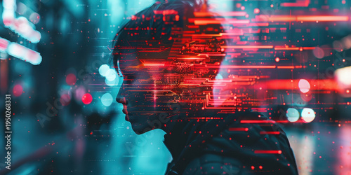 An anonymous captivating artistic portrait with a glitching digital effect.