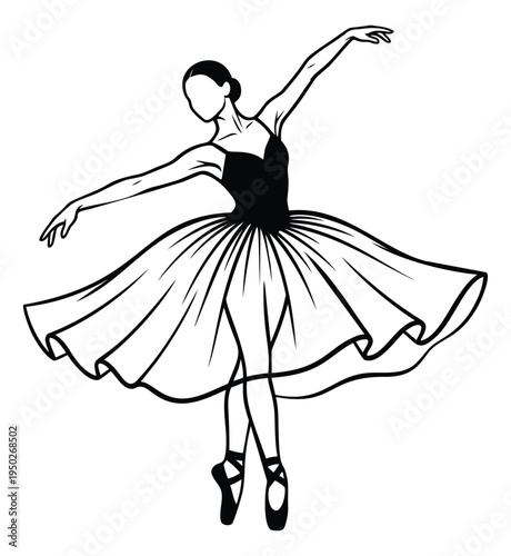 Line art illustration of ballerina dancer depicting graceful pose in tutu for performing arts design