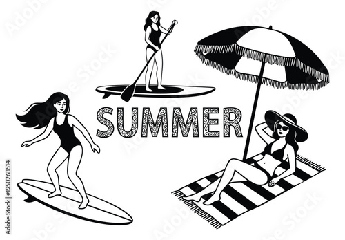 Line art illustration of summer beach activities depicting women surfing, paddleboarding and sunbathing for vacation design