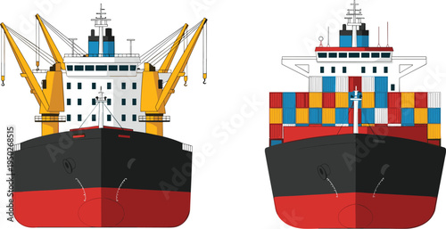 Cargo ship front view, container vessel, bulk carrier, maritime transport, shipping industry, ocean freight, logistics, cranes, containers, global trade