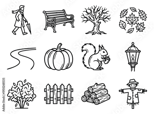 Outline icon set of 12 featuring autumn and fall park elements including nature, harvest and seasonal symbols for landscape design