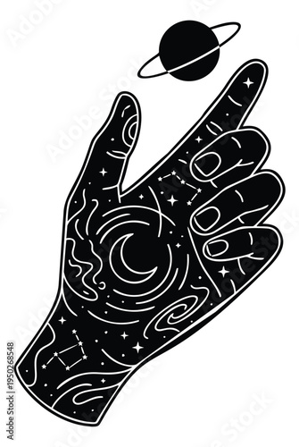 Silhouette illustration of mystical hand depicting celestial symbols and cosmic elements for spiritual design